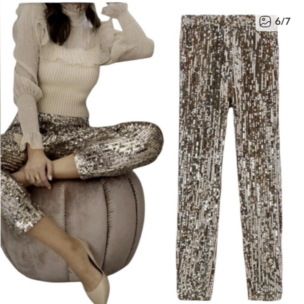 Zara Blogger Fave Sequined Pants High Waisted Party Celebration Date Night, Gold - Picture 3 of 8